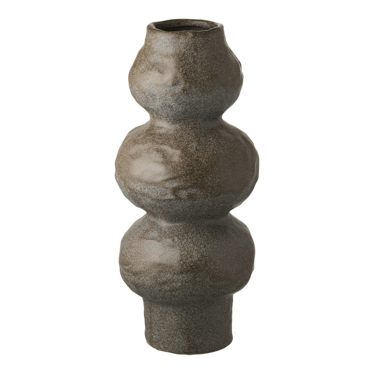 Vase organique en céramique mouchetée brun gris avec trois sections arrondies