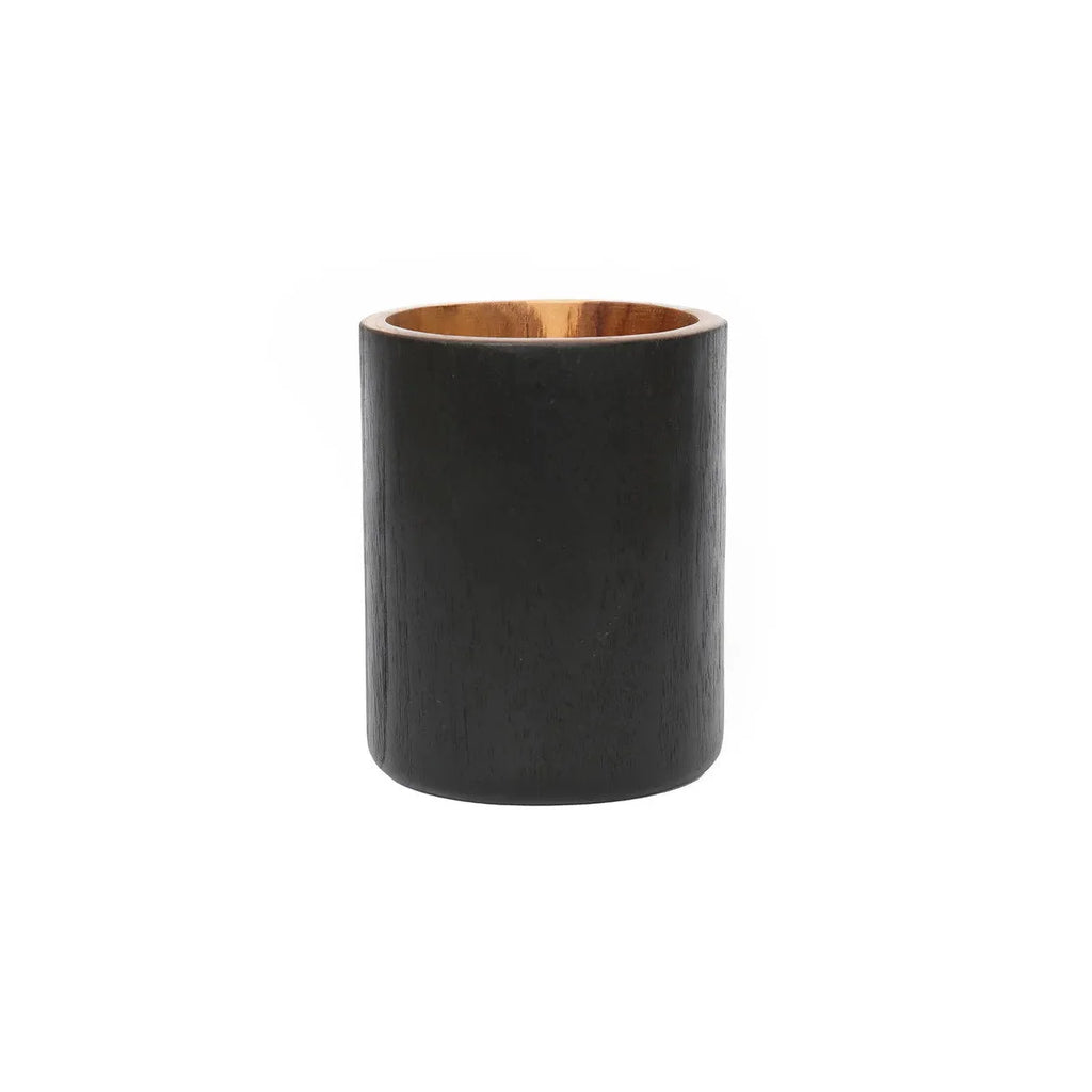 Vase rond en bois de teck naturel 15 cm avec conteneur cylindrique gris foncé et intérieur cuivre