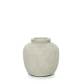 Vase rond en terre cuite beige finition mate avec texture rugueuse et col court