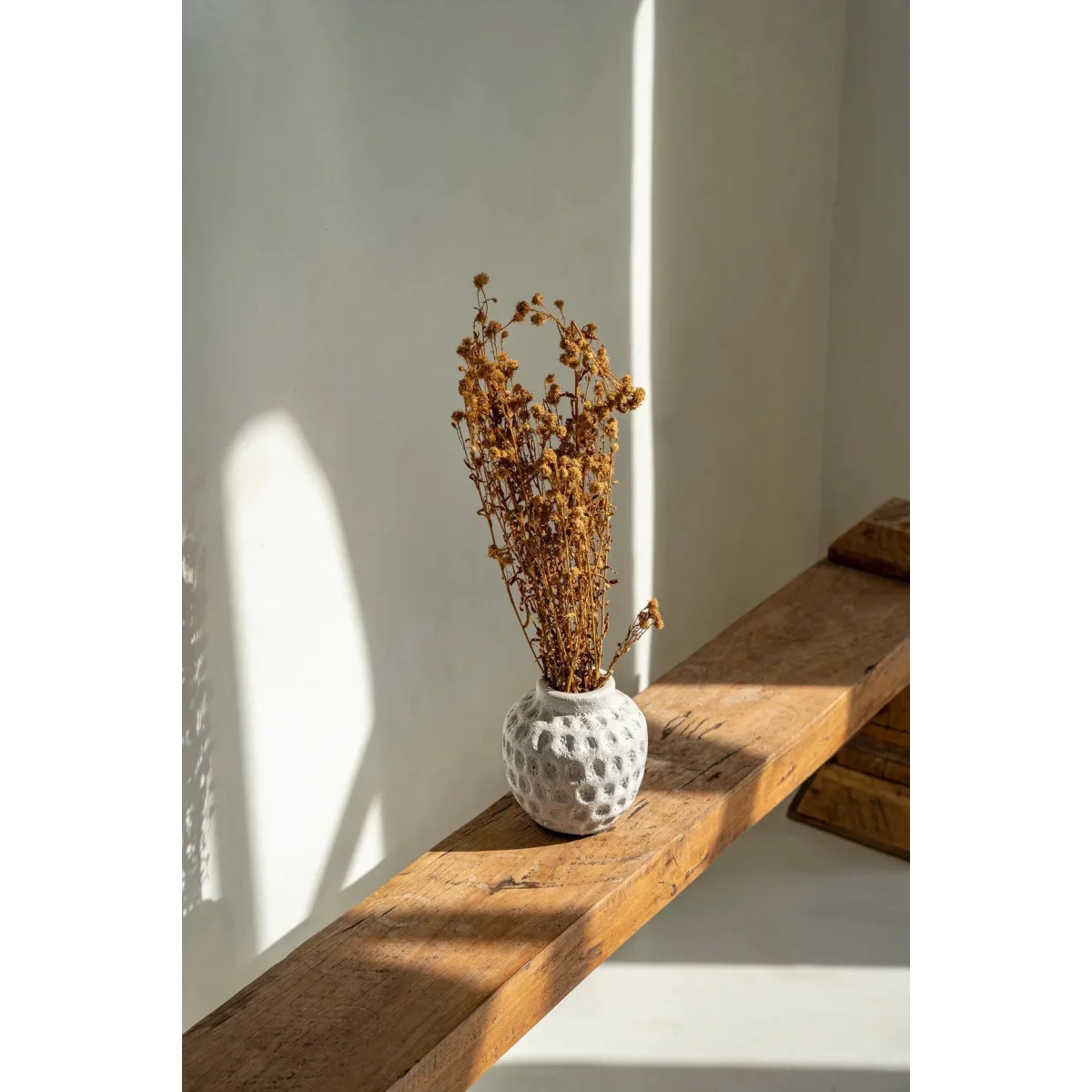 Vase rond en terre cuite effet béton gris avec fleurs séchées brunes