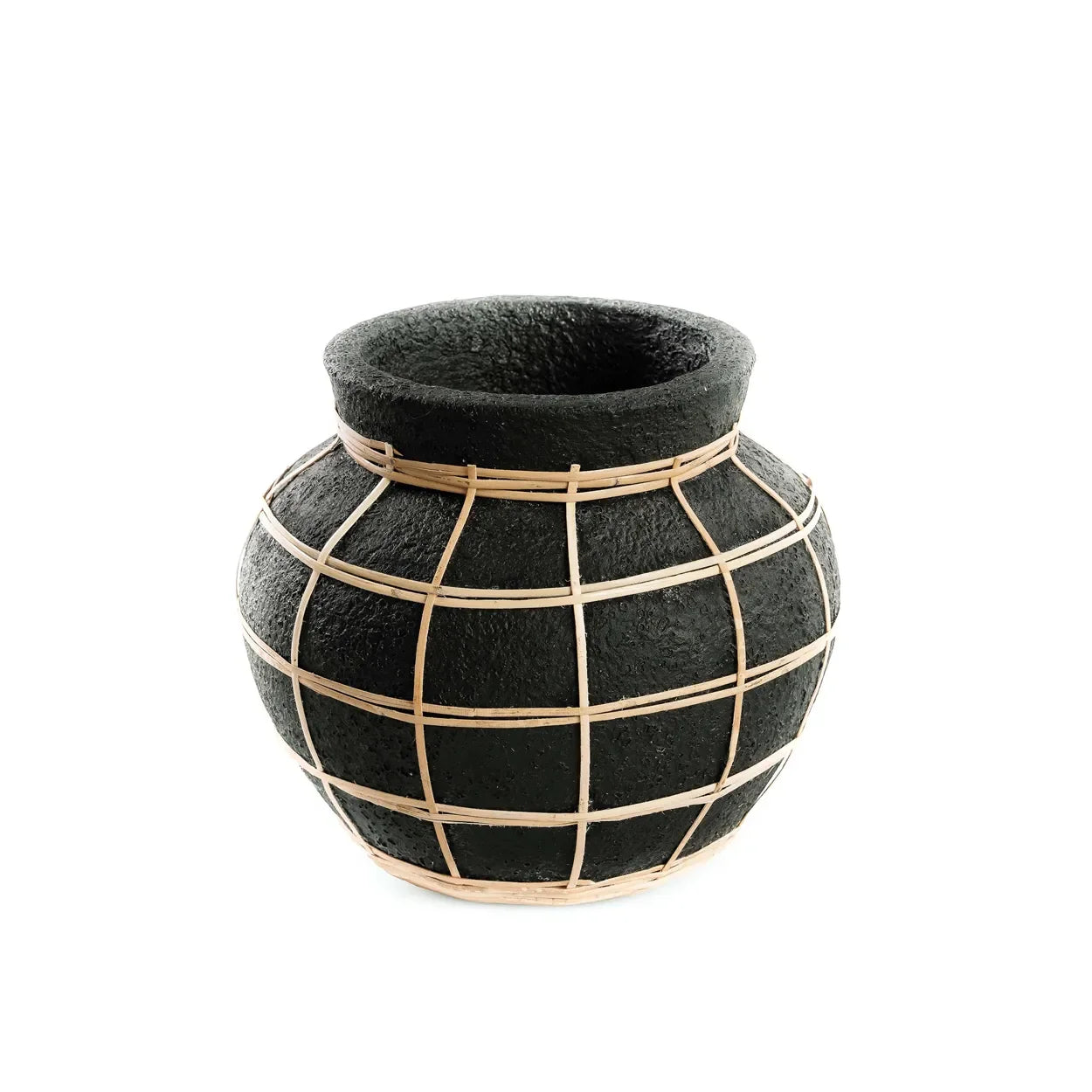 Vase rond en terre cuite et rotin noir naturel 19 cm