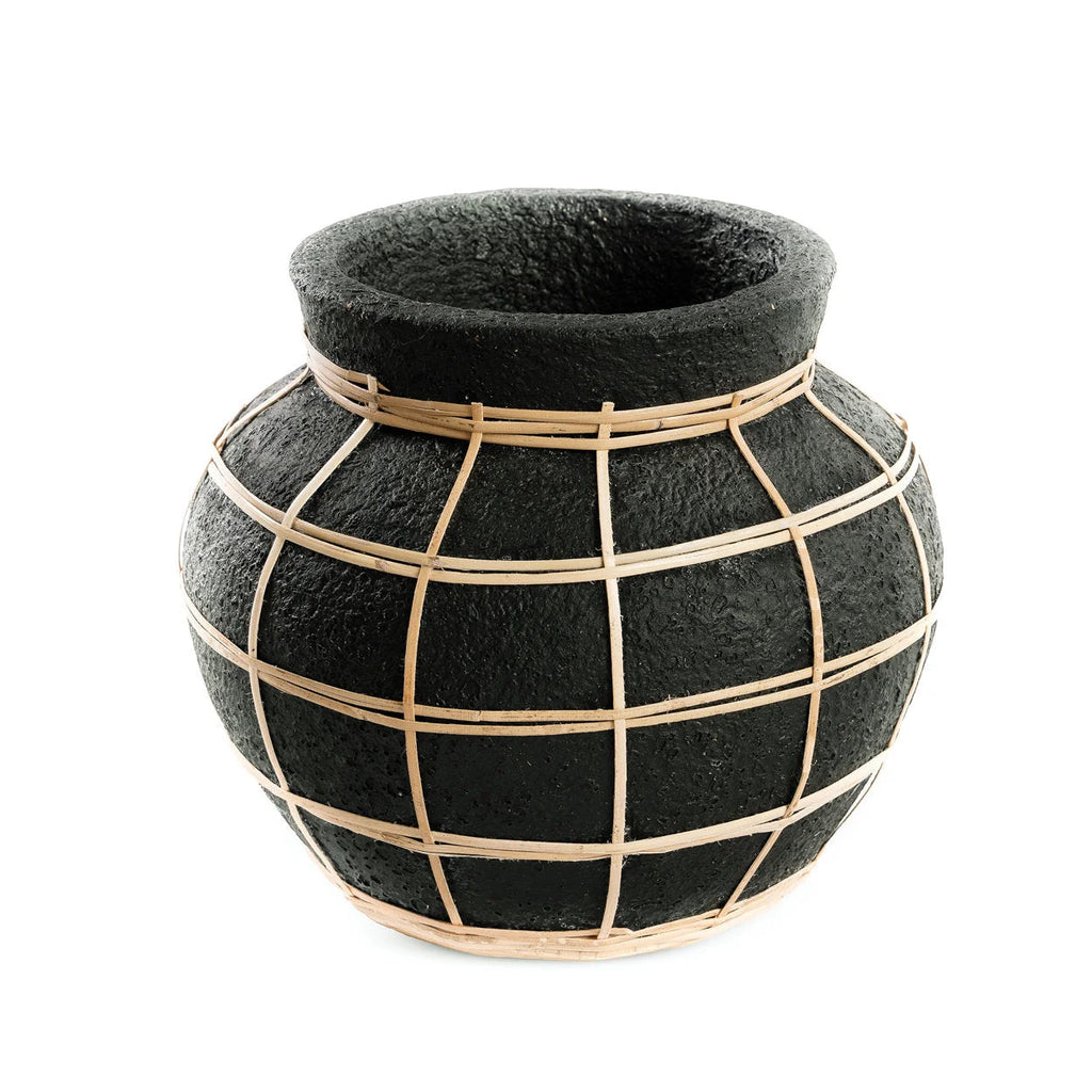 Vase rond en terre cuite et rotin noir naturel 19 cm