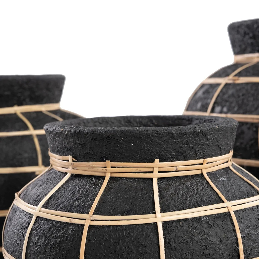 Vase rond en terre cuite et rotin noir naturel 33 cm