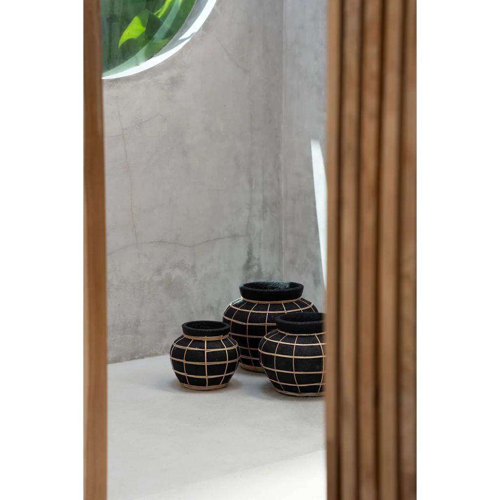 Vase rond en terre cuite et rotin noir naturel 33 cm