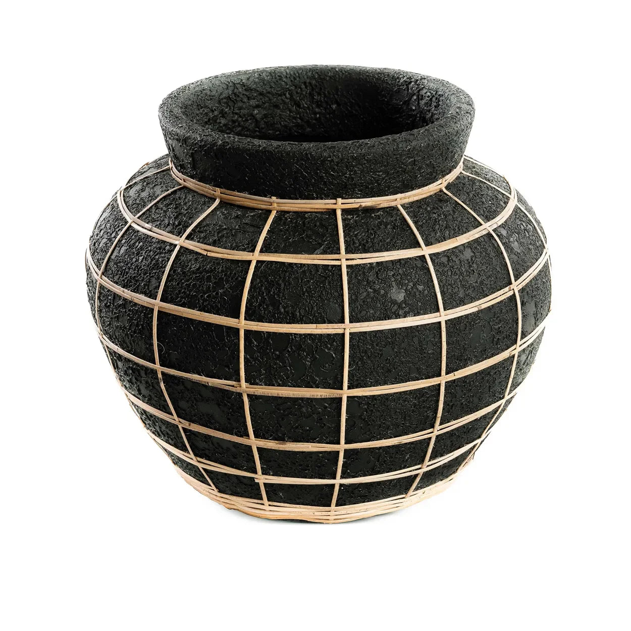 Vase rond en terre cuite et rotin noir naturel 33 cm