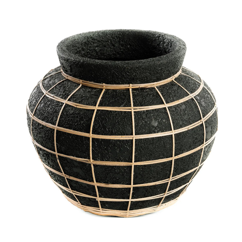 Vase rond en terre cuite et rotin noir naturel 33 cm