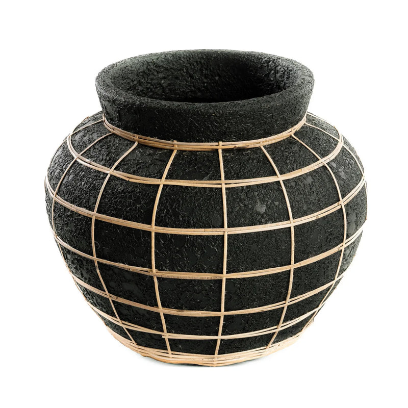Vase rond en terre cuite et rotin noir naturel 33 cm
