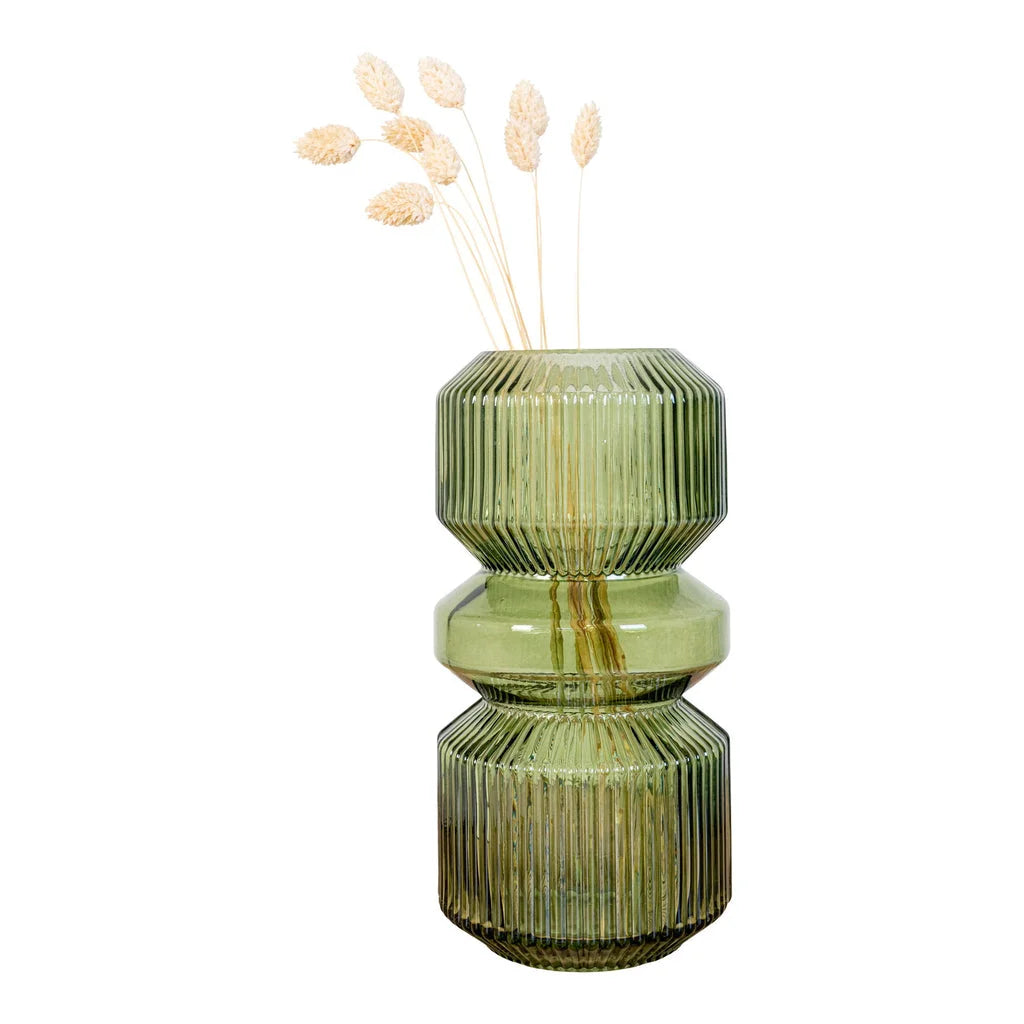 Vase rond en verre vert de 25 cm avec arrangement floral séché pour décoration intérieure