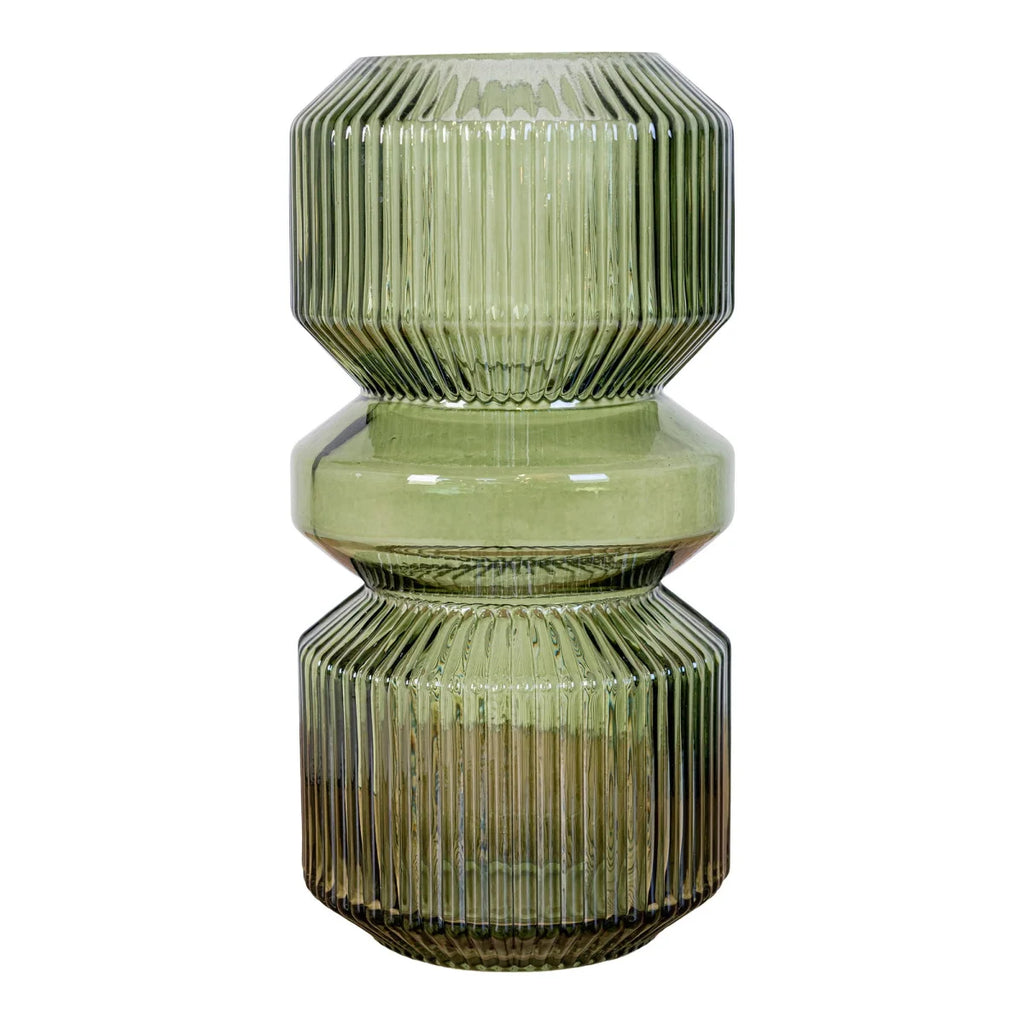 Vase rond en verre vert olive 25 cm à design géométrique texturé