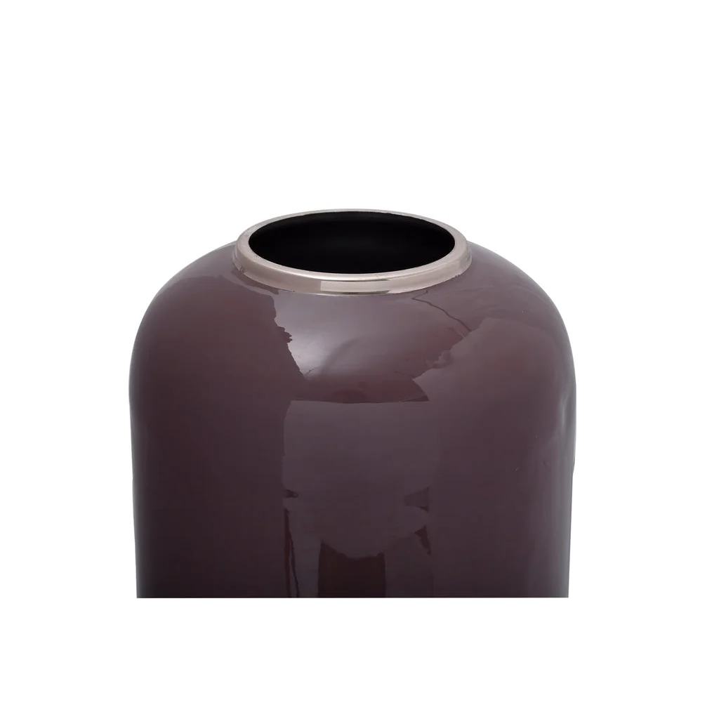 Vase Art Deco en verre violet foncé brillant avec bordure en argent