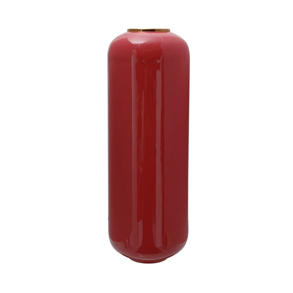 Vase Bodenvase Art Deco 170 Koralle / Gold en cylindre rouge brillant avec bord or
