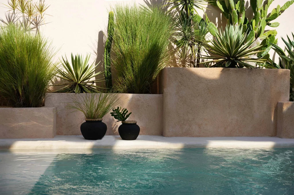 Vase Styly Noir Naturel M dans un jardin désert avec piscine et plantes arabes