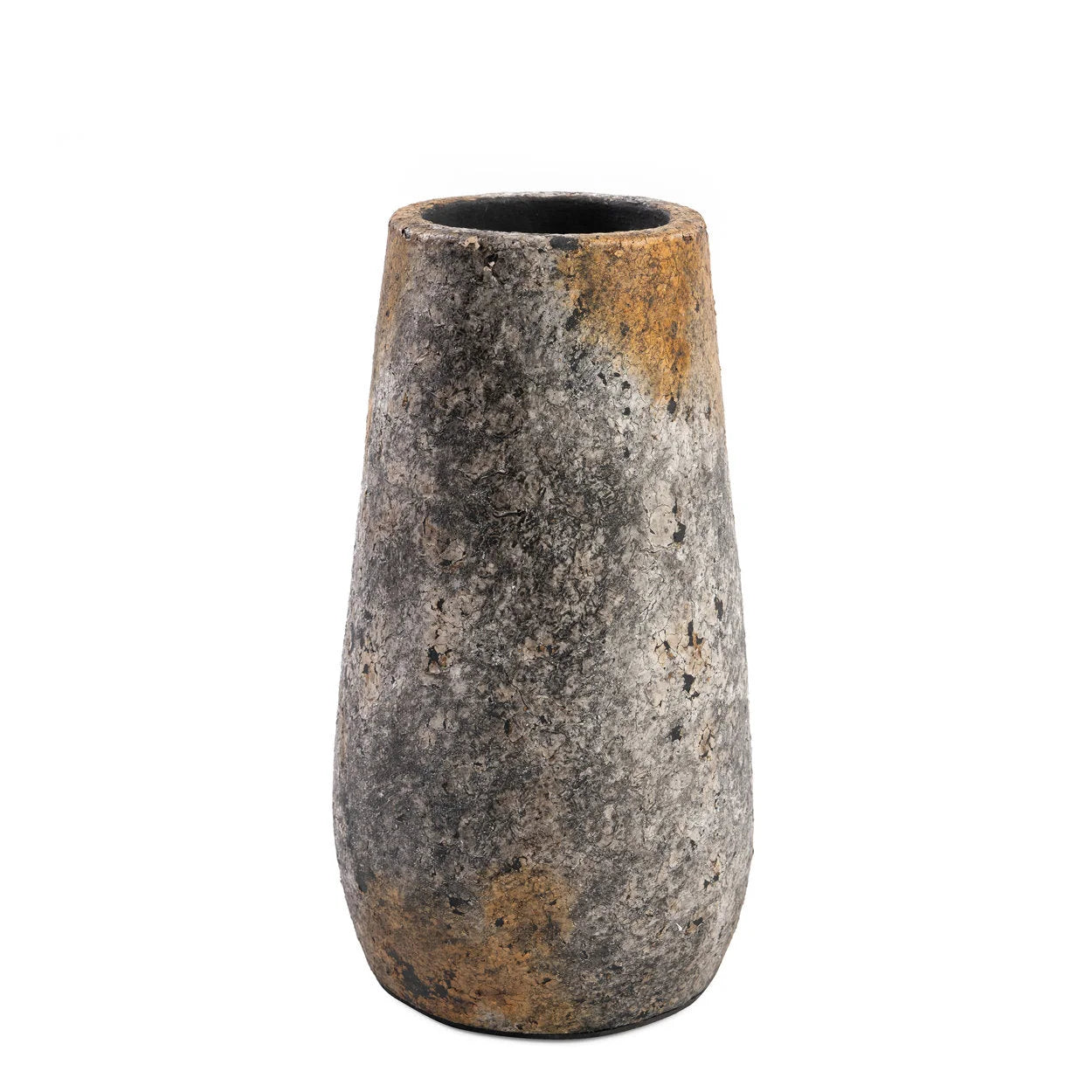 Vase en terre cuite effet pierre gris moucheté, silhouette effilée, surface texturée