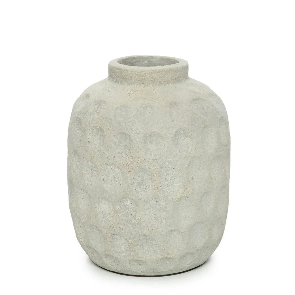 Vase en terre cuite béton motif contemporain gris clair avec courte bouche H22 cm