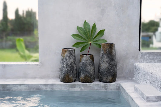Trois vases rustiques en terre cuite gris antique avec une feuille verte Décoratif