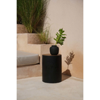 Table d’appoint cylindrique noir avec vase en terre cuite côtelée et feuille verte
