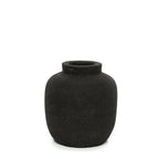 Vase en terre cuite noir à texture côtelée avec un large ouverture, hauteur 14 cm