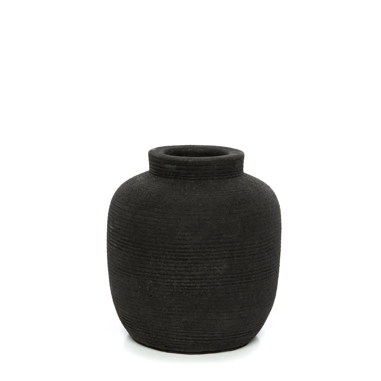 Vase en terre cuite noir avec texture côtelée, hauteur 14 cm