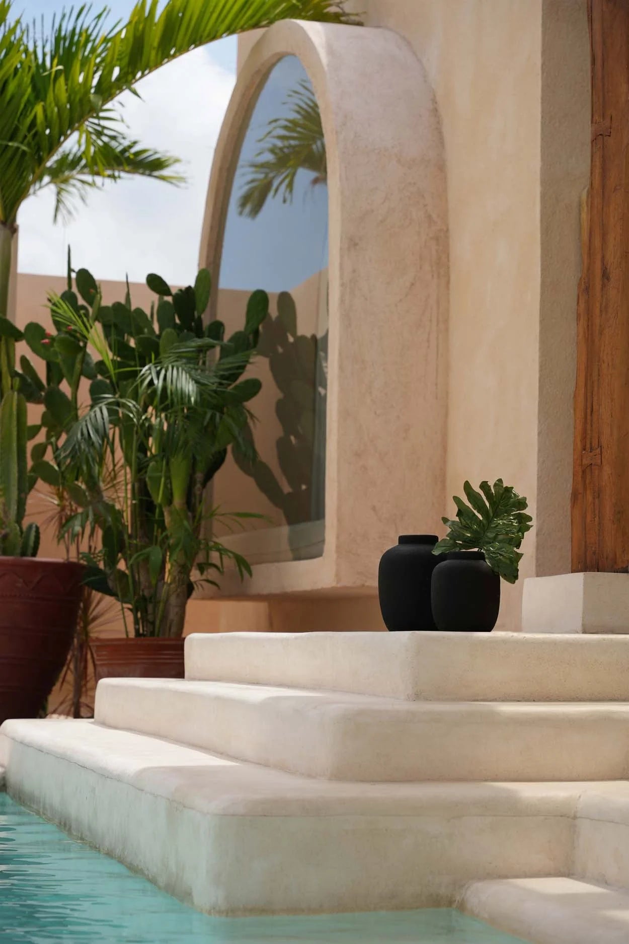 Escaliers extérieurs menant à une piscine avec plantes décoratives et miroir, vase en terre cuite noire