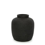 Vase en terre cuite noire avec surface texturée, corps rond et petit col, H18 cm