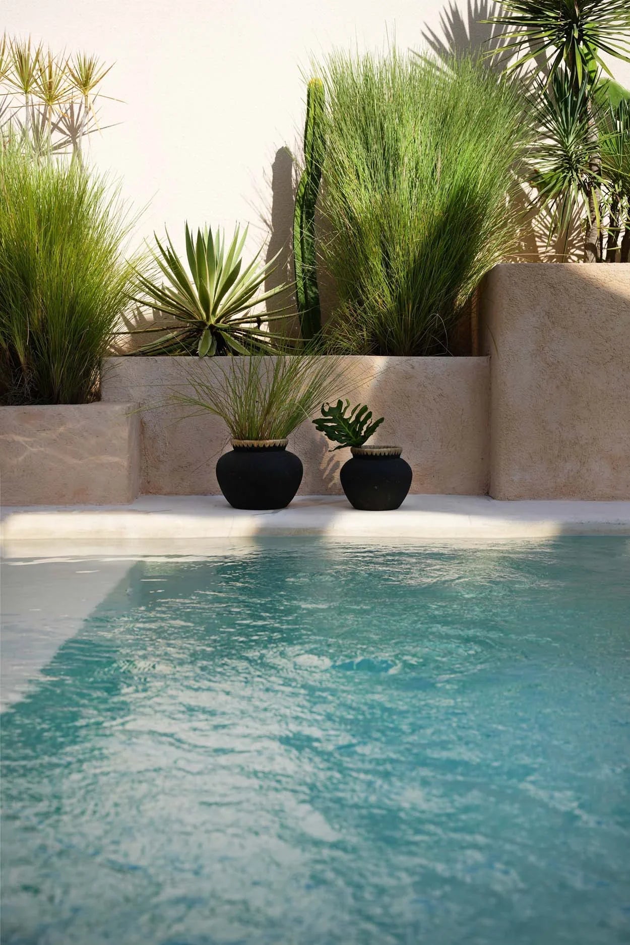 Vase en terre cuite et raphia noir naturel H19 cm avec plantes en pot sur fond de piscine tranquille