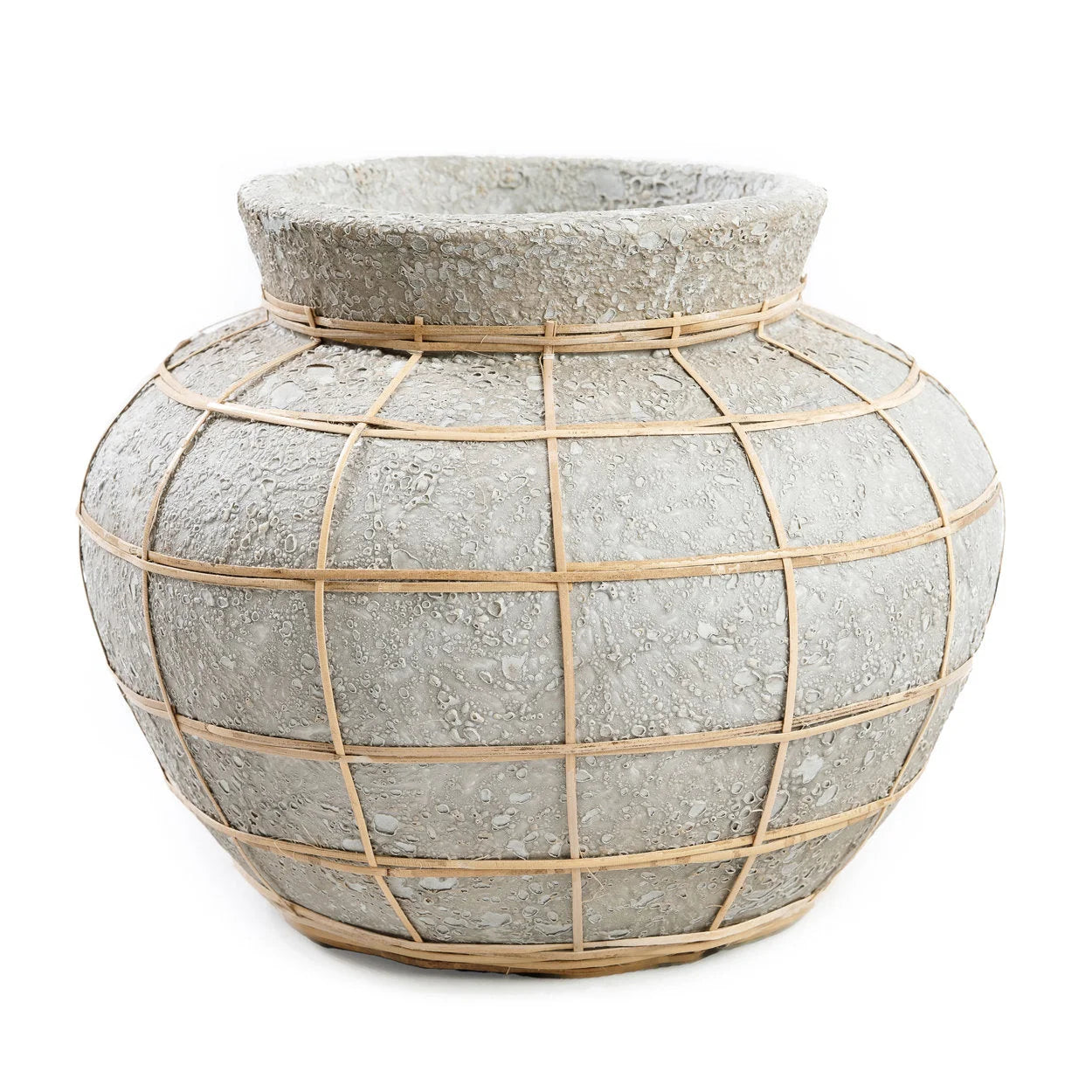 Vase en terre cuite et rotin 25 cm béton naturel