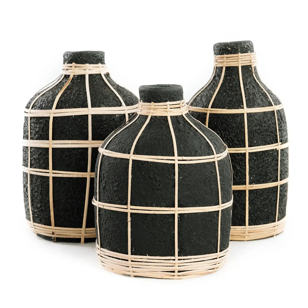 Vase en terre cuite et rotin noir naturel H23 cm
