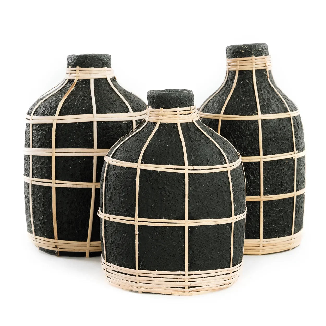 Vase en terre cuite et rotin noir naturel H23 cm