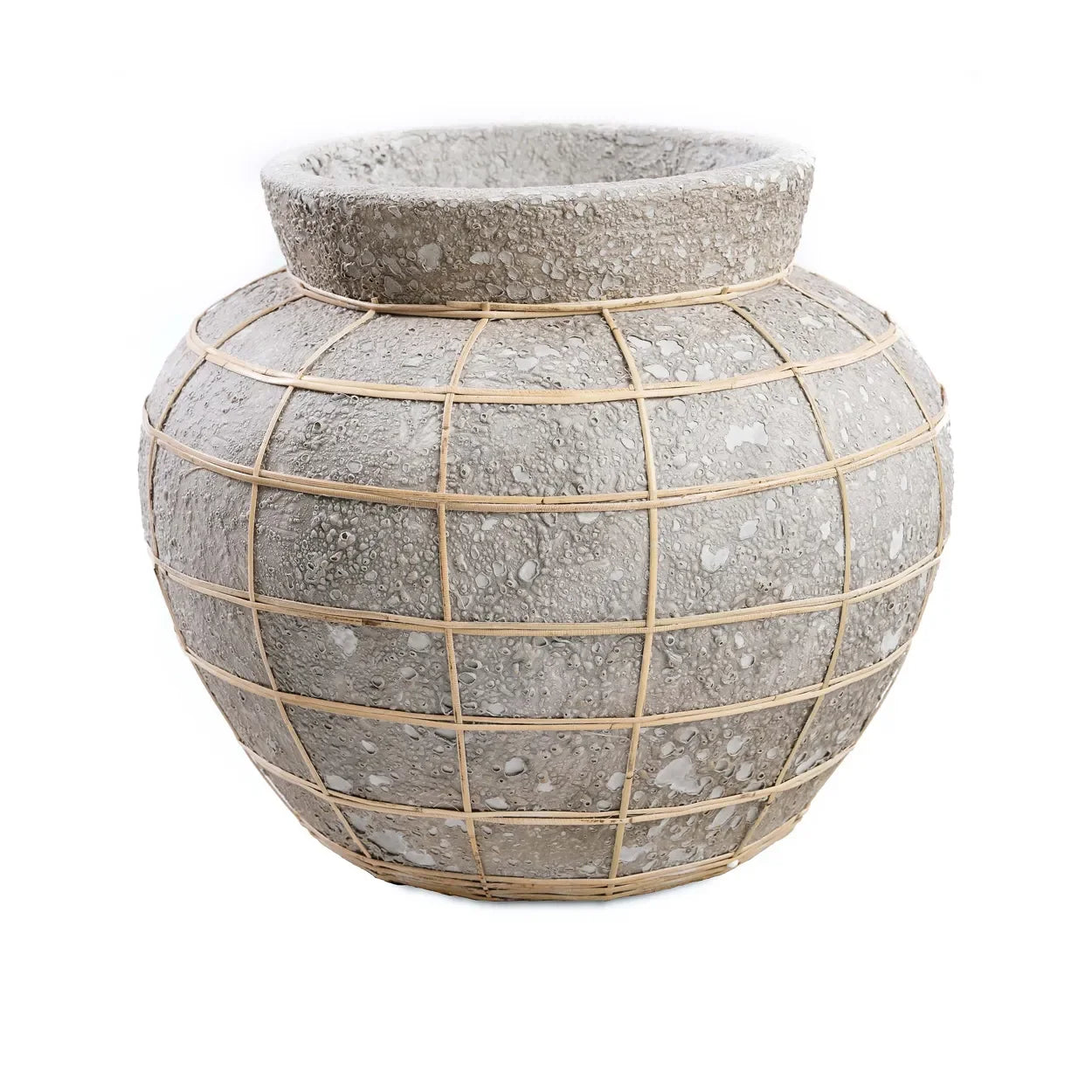 Vase en terre cuite gris avec grille en rotin, 33x27 cm, décoration naturelle
