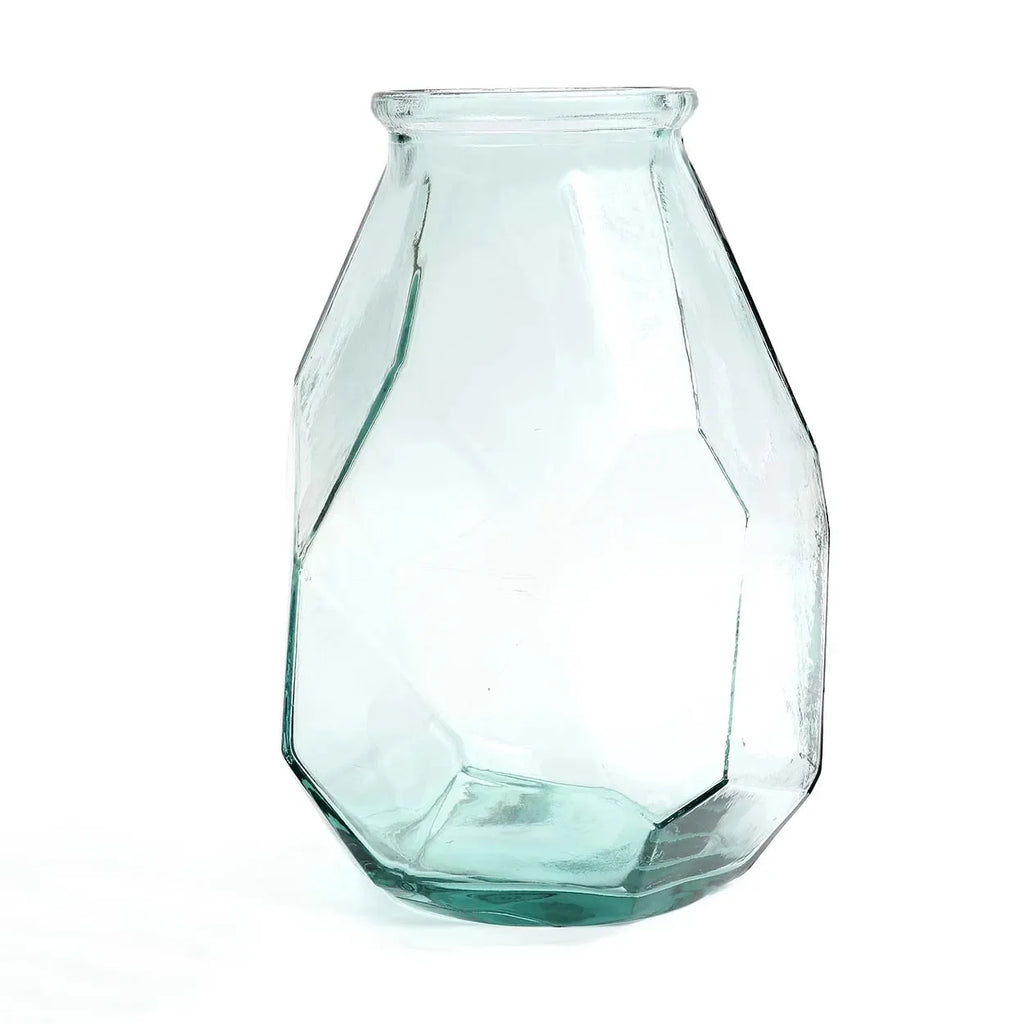 Vase en verre bleu 35 cm forme origami géométrique