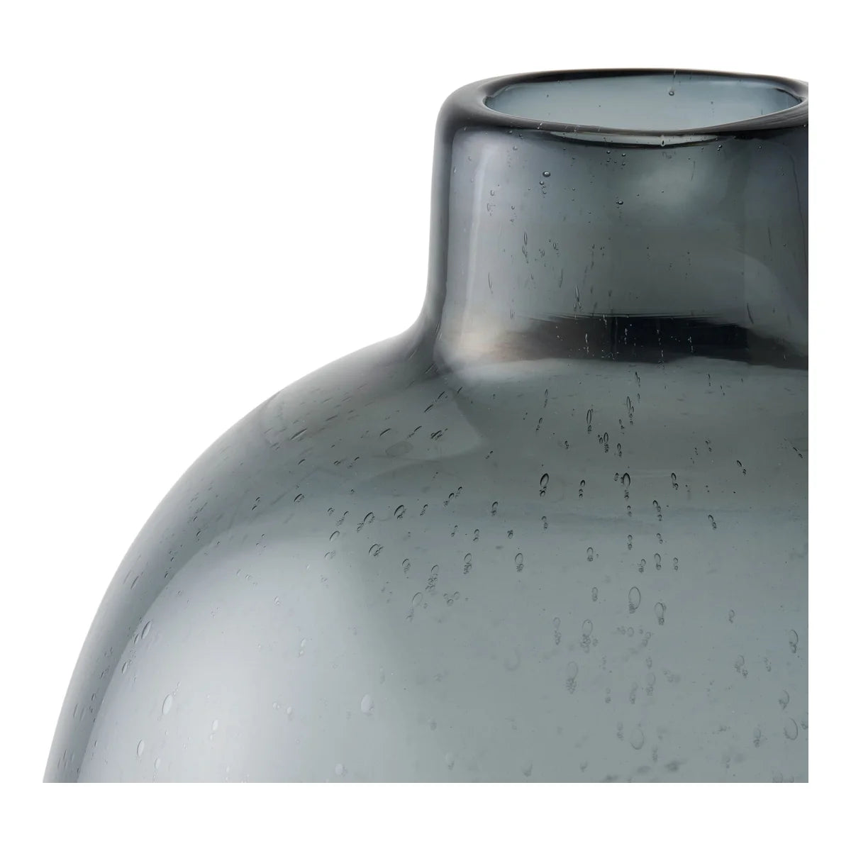 Vase en verre fumé gris avec bulles d’air, col court, hauteur 35 cm