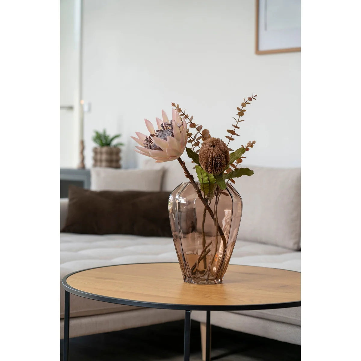 Vase en verre marron translucide Ø22x29 cm avec fleurs séchées