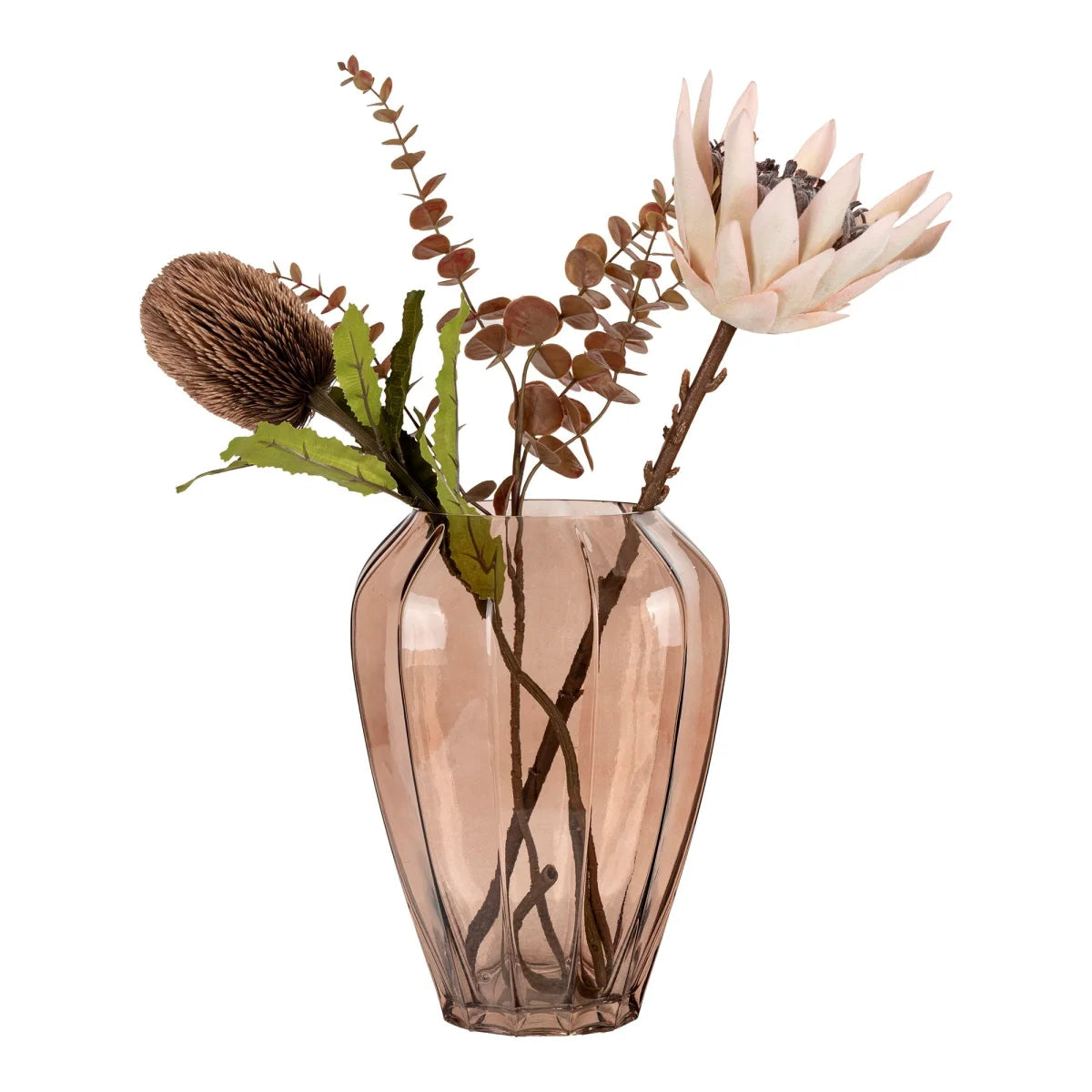 Vase en verre marron translucide rose or avec botaniques séchées