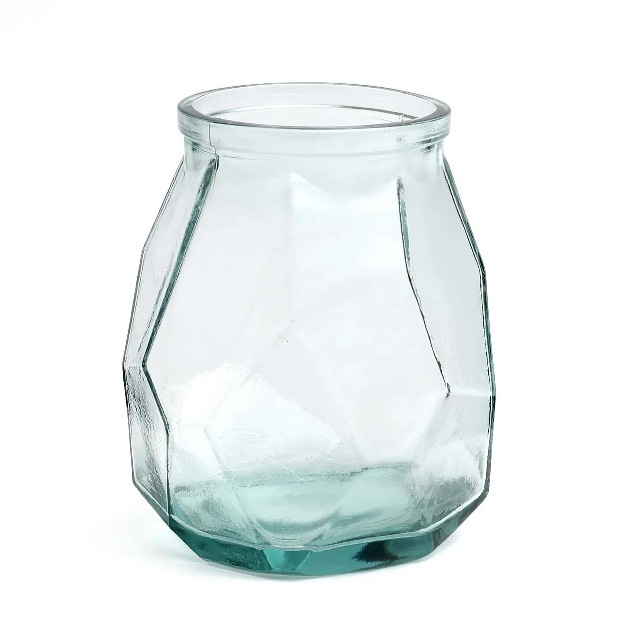 Vase en verre recyclé bleu en forme origami avec facettes géométriques de 19 cm
