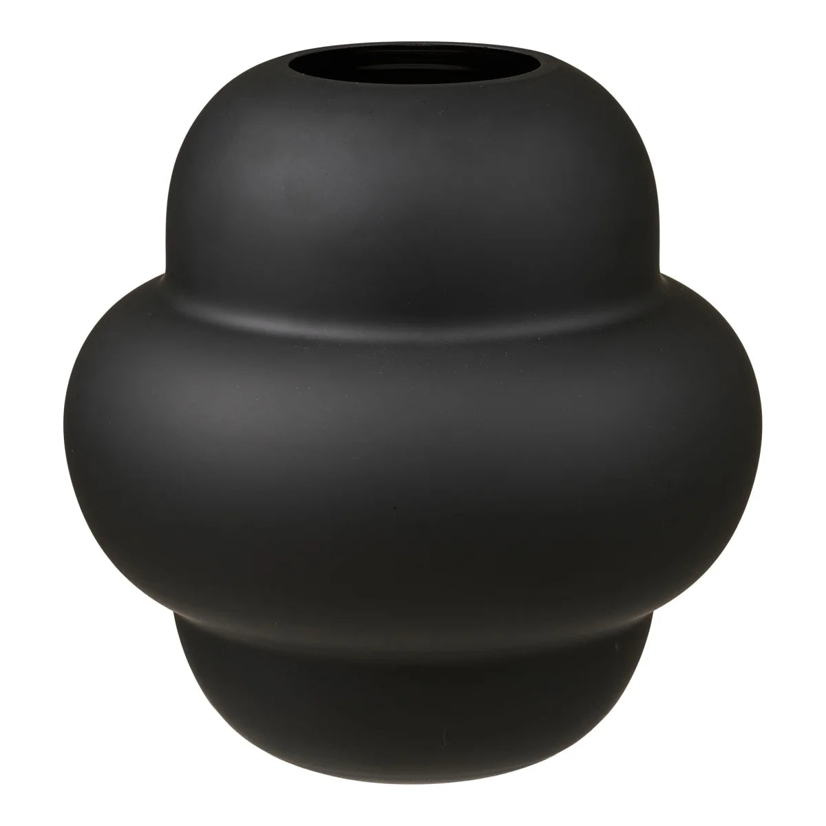 Vase en verre soufflé noir mat avec design organique et forme bulbous, diamètre 21 cm