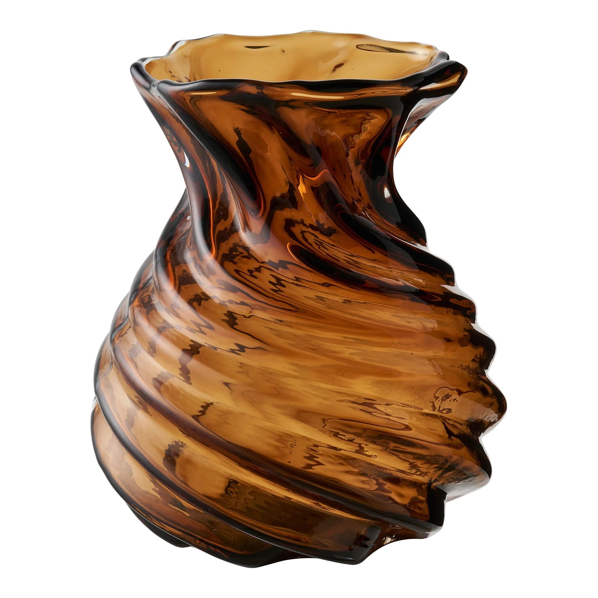 Vase en verre soufflé torsadé brun fumé de 18,5 cm avec design rayé et torsadé