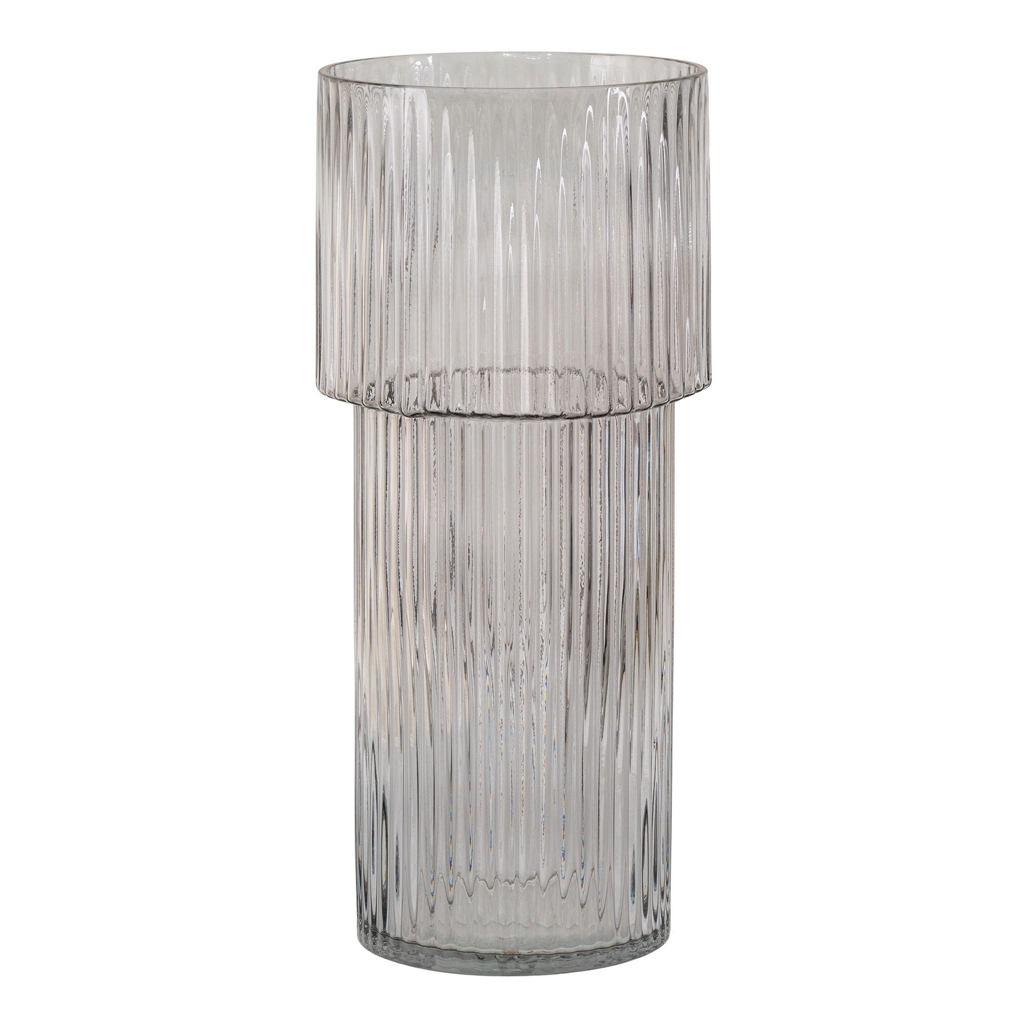 Vase en verre soufflé transparent rond Ø17,5x40 cm, gris translucide à côtes verticales