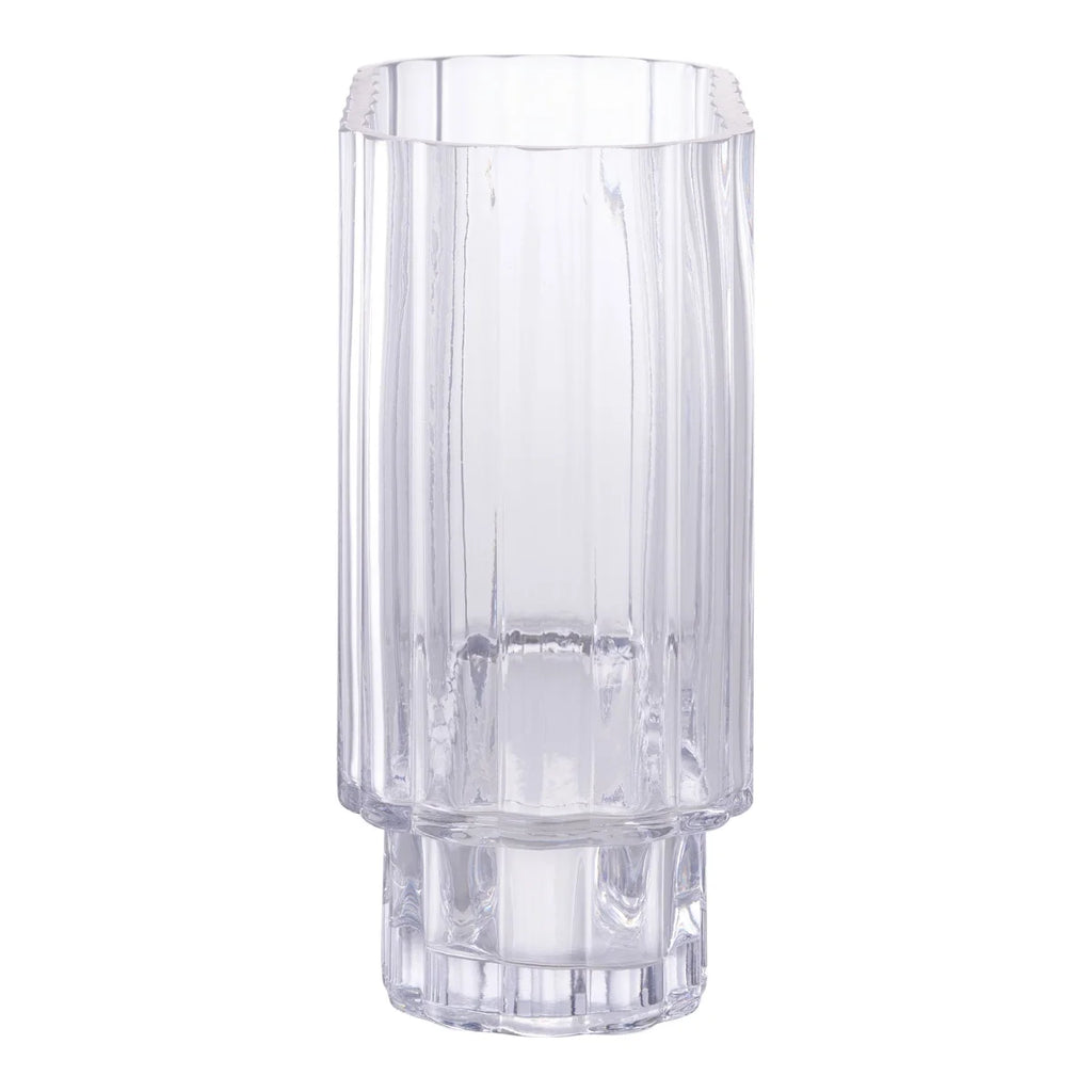 Vase en verre transparent strié avec piédestal facetté 20x9 cm