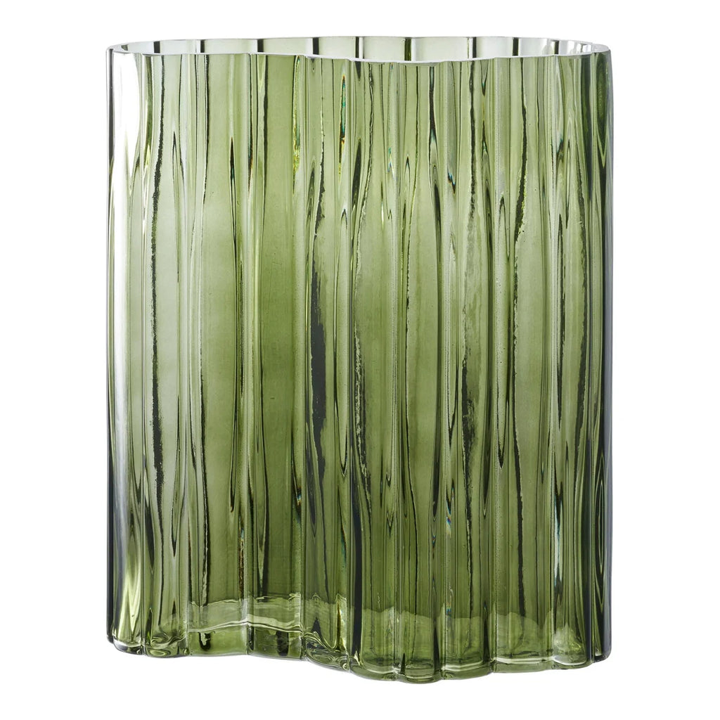 Vase en verre vert cannelé ondulé, hauteur 26,5 cm