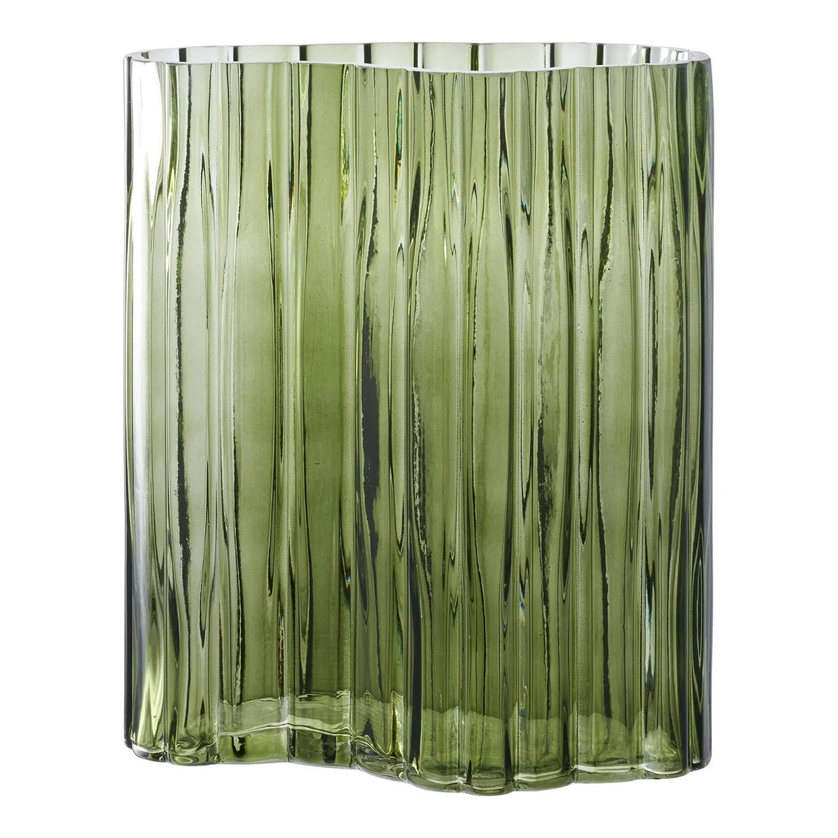 Vase en verre vert cannelé ondulé, hauteur 26,5 cm
