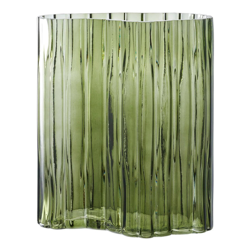 Vase en verre vert cannelé forme ondulée – H26,5 cm