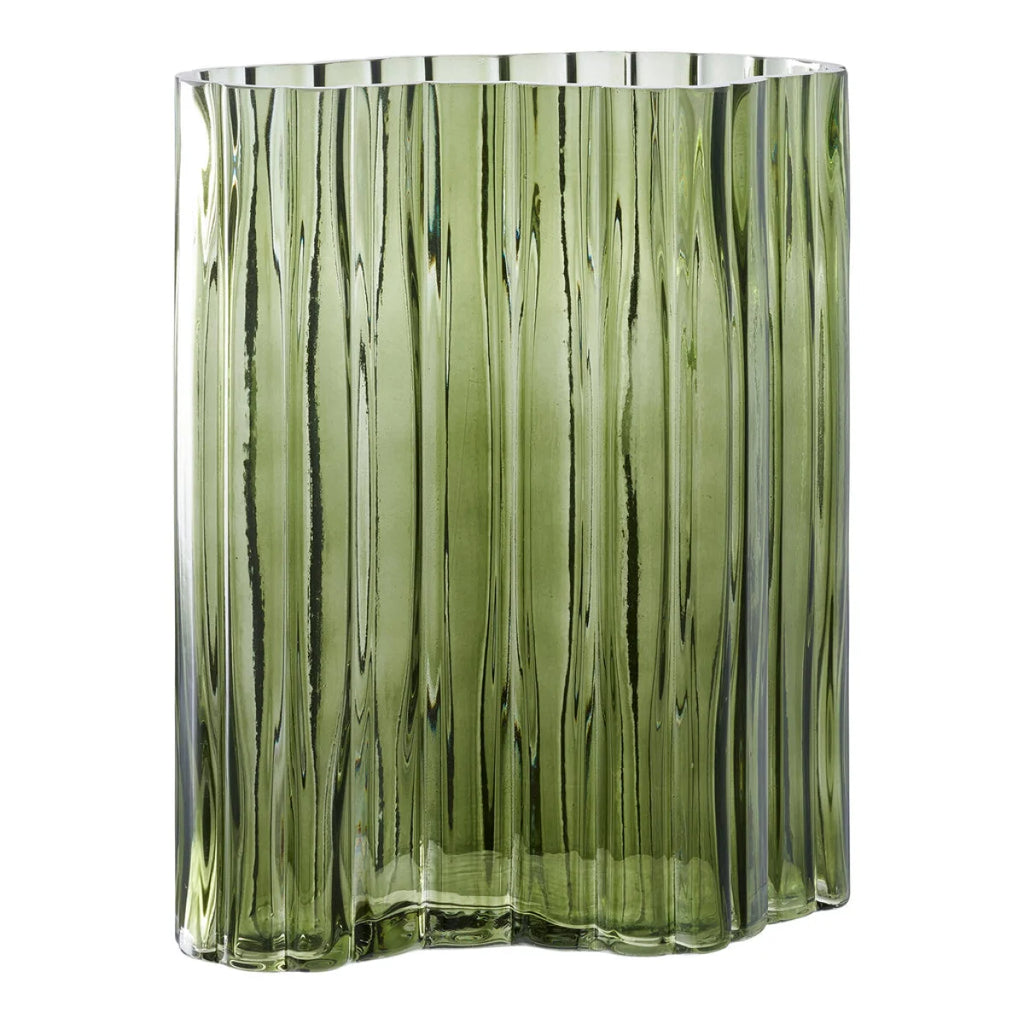Vase en verre vert olive cannelé ondulé H26,5 cm