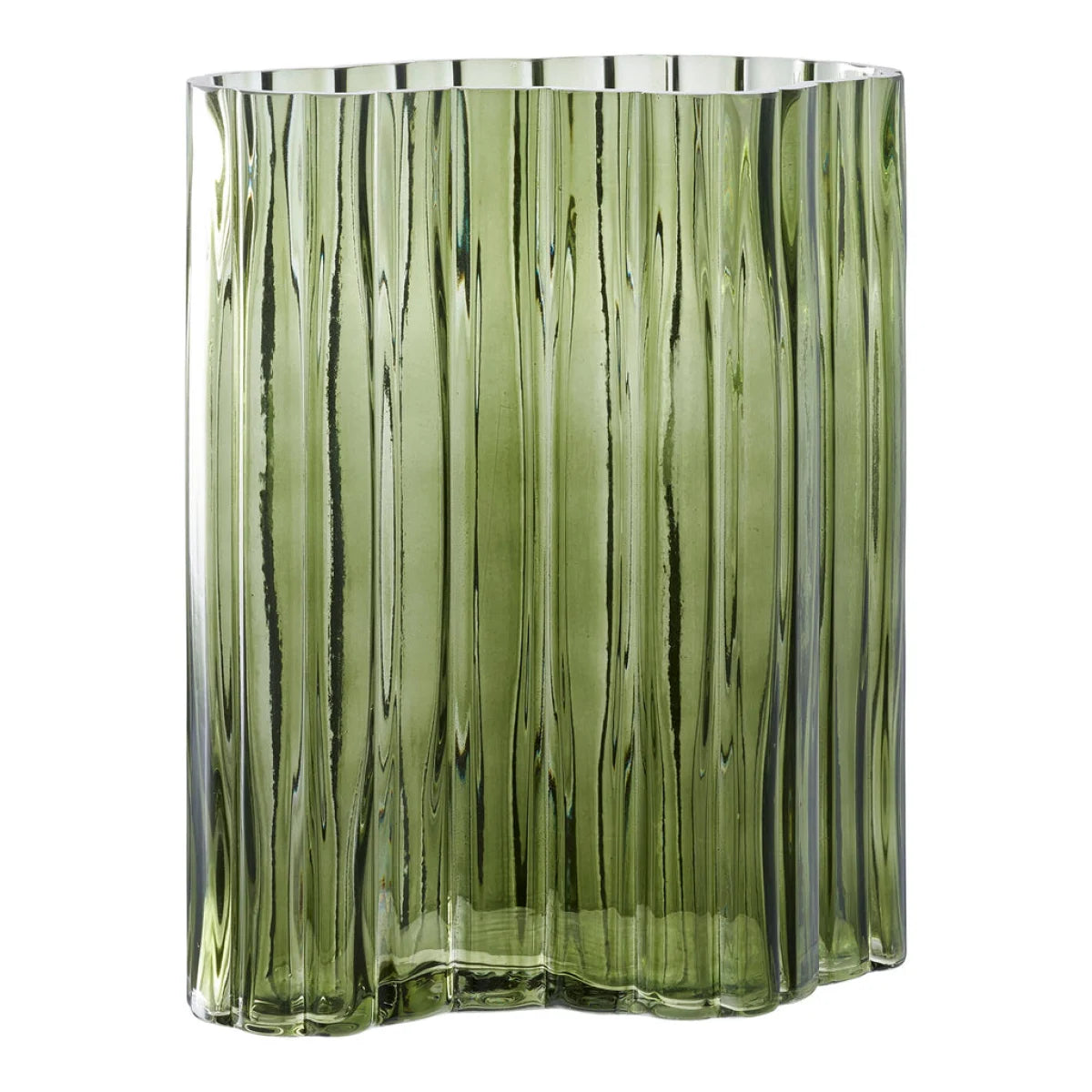 Vase en verre vert olive cannelé ondulé H26,5 cm