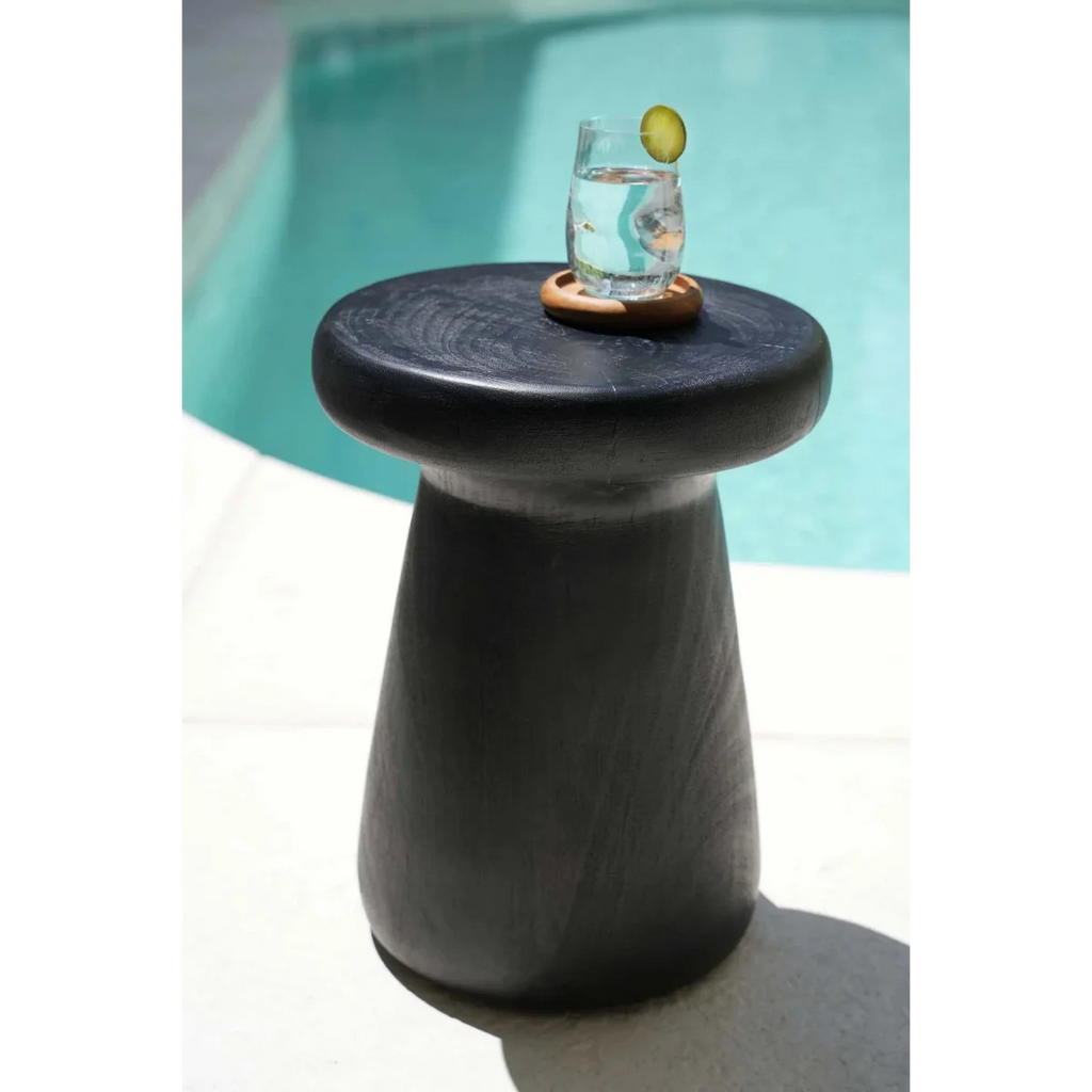 Table basse en marbre noir avec sous-verre en teck naturel rond