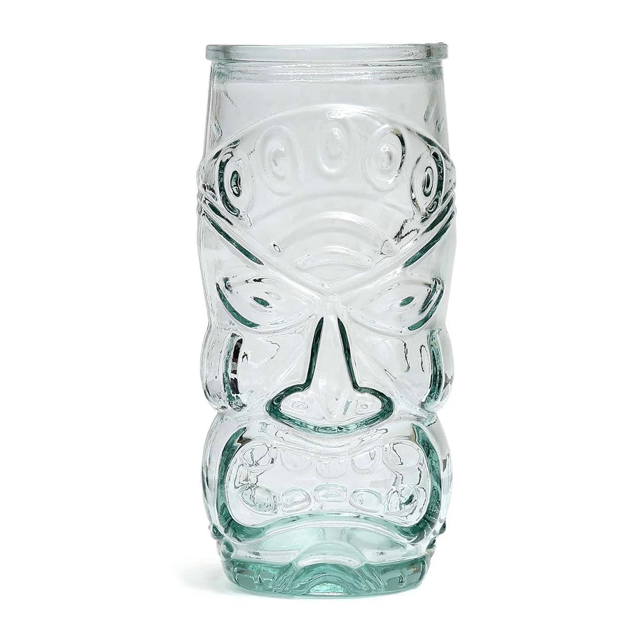 Verre tiki sculpté en verre recyclé transparent bleu, mug en verre clair