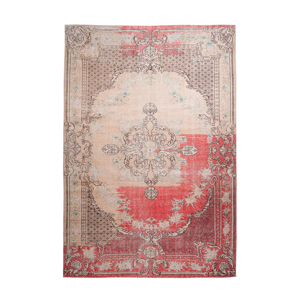 Tapis traditionnel vintage 8405 Rot avec médaille centrale et bord orné en rouge et rose