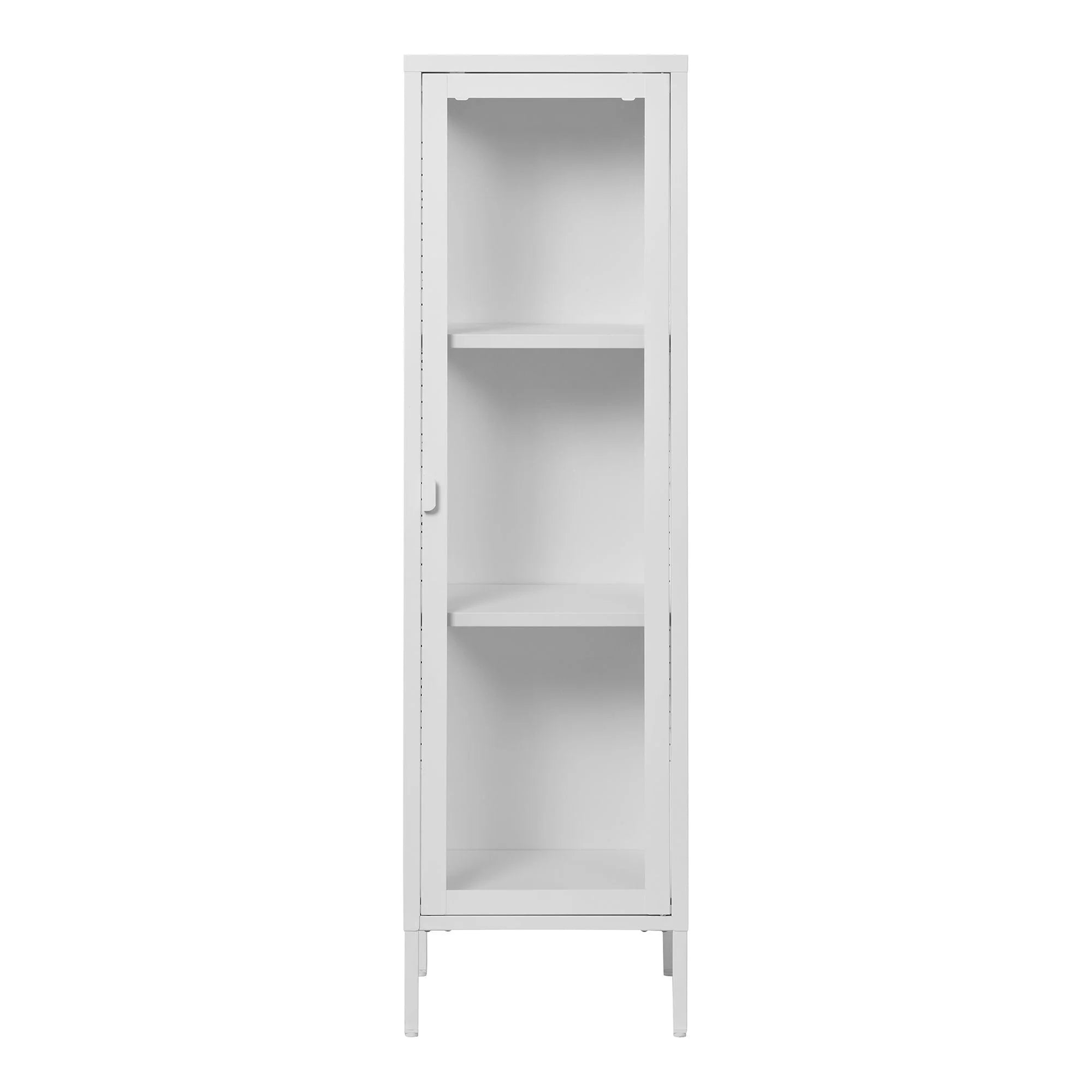 Vitrine étroite en métal blanc à porte vitrée 140 cm avec étagères